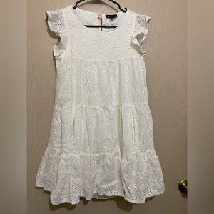 Eyelet White Ruffle Dress with Keyhole Back - Sequin Hearts - Size S
